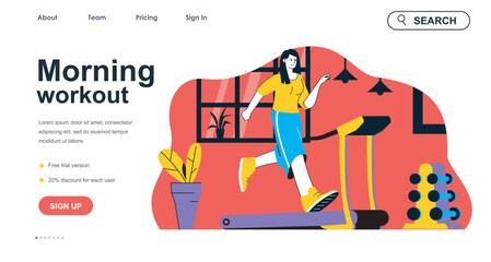 Aufkleber - Morning workout concept for landing page template. Woman running on treadmill in gym. Daily fitness and cardio workout people scene. Vector illustration with flat character design for web banner