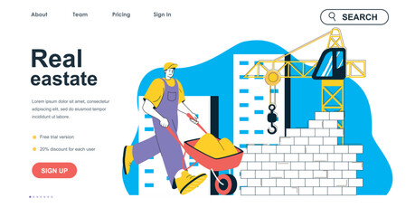 Wall Mural - real estate concept for landing page template. builder with wheelbarrow works at building site. hous