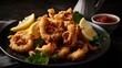 A plate of crispy fried calamari with a side of marinara sauce and lemon wedges. Generative AI