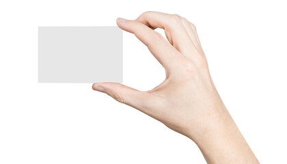 Male hand holding a blank card or a ticket/flyer, cut out