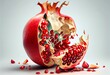 Ripe red pomegranate. Illustration of a pomegranate with a broken lobule on a white background. Proper nutrition, ripe berries, red pomegranate seeds. Generative AI