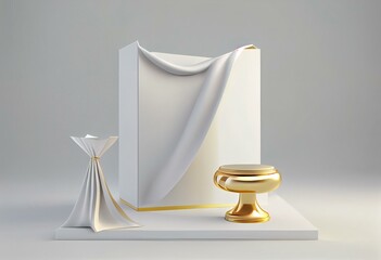 3D display podium, white background with pedestal. White cloth with gold, luxury silk. Beauty cosmetic, product presentation stand. Feminine mockup with cloth wave. 3d render. Generative AI