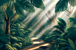© Aleksei Solovev - Jungle illustration. Painted beautiful tropical forest with exotic plants, palm trees, big leaves and ferns. Thicket of the rainforest. Nature drawing with green vegetation. Generative AI