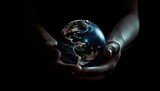 Fototapeta  - Shiny round world in human hands at night time. Earth Day. Energy saving concept. Generative AI