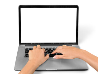 Poster - Hands typing on keyboard on modern laptop with blank screen