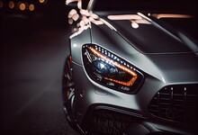 Headlights And Hood Of Luxury Silver Car. Generative AI
