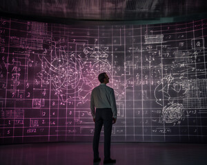 a man stands in front of a large screen with mathematics, in the style of robotic motifs, artificial intelligence rules the world, created with ai