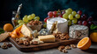 Beautifully presented cheese board featuring a variety of artisan cheeses, fresh fruit, nuts, and crackers, set on a marble surface.