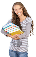 Wall Mural - Friendly Young Girl Standing and Holding Books - Isolated