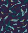 Abstract seaweeds and little fish silhouettes on dark background. Underwater plants for textile, prints, paper products. Vector seamless pattern