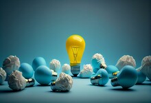 Light bulb yellow floating outstanding among lightbulb light blue on background. Concept of creative idea and innovation, Think different, Individual and standing out from the crowd.. Generative AI
