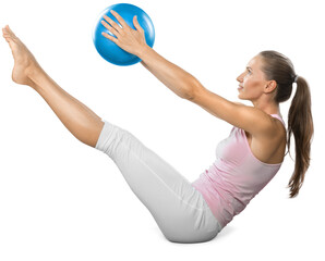 Wall Mural - Young woman training with Fitness Ball on white background