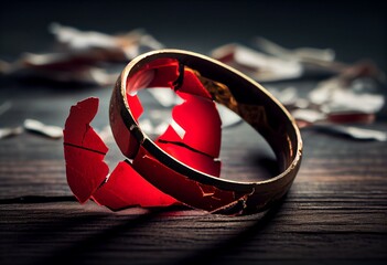 Divorce concept. Broken red paper heart and wedding rings on black wooden table, closeup. Generative AI