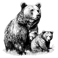 grizzly bear , hand drawn sketch in vintage engraving style. png ,generative ai