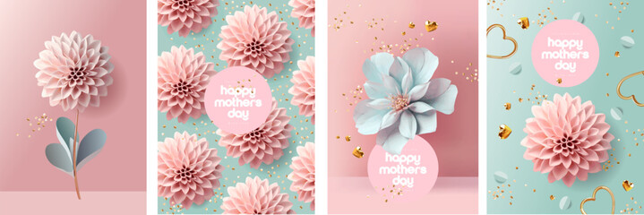 Happy Mother's Day! Vector tender modern 3d illustrations of flower, floral pattern, golden elements and heart for greeting card, poster or background
