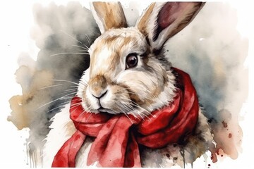 cute rabbit wearing a cozy scarf in a watercolor painting. Generative AI