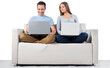 © BillionPhotos.com - Portrait of cheerful Couple on the couch using laptops