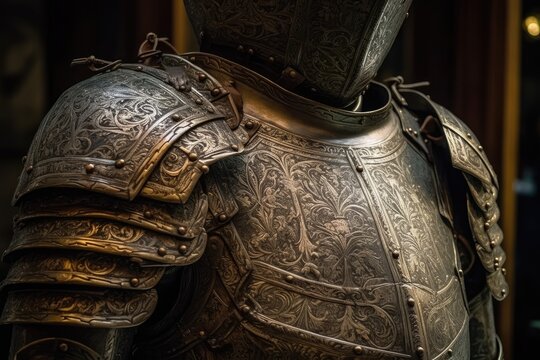 detailed view of a medieval suit of armor on display in a museum. generative ai