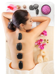 Poster - Beautiful young woman receiving hot stone massage at salon spa