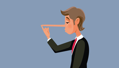 Lying Businessman Touching his Growing Nose Vector Cartoon Illustration. Deceiving guy making false promises being dishonest and a liar 
