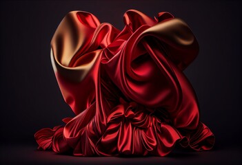 Silk red fabric on dark background. Render illustration for advertising. Textiles flow, elegantly falls. Delicate luxurious satin, silk with copy space for promotion. Design 3d. Generative AI