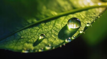 Rain Water Drops On Green Leaves On Natural Background. Based On Generative AI