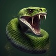 close up of a green snake with big fangs. Created using generative AI