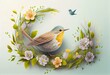 A wreath of spring flowers and a cute bird. AI generative illustration on a spring theme. Generative AI