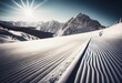 New groomed ski piste or slope. Lines in snow with sunny mountains background. Winter skis concept. Generative AI