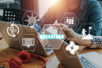 hackathon technology programming startup concept, business team using laptop computer on desk with h