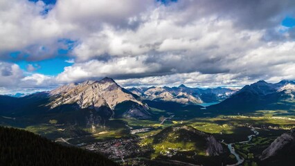 Canvas Print - Uhd 4k Timelapse of Panoramic aerial view of Banff city in Bow Valley in Banff national park, Canadian Rockies
