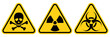 Set hazard danger yellow vector signs. Radiation sign, Biohazard sign, Toxic sign.