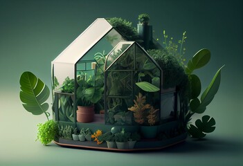 Wall Mural - Green House concept. 3D green home environment day background. Generative AI