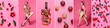 Collage of fashionable woman with fresh plums, berries and broken wine bottle on pink background