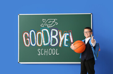 Sticker - Little student with ball near blackboard with text GOODBYE, SCHOOL on blue background