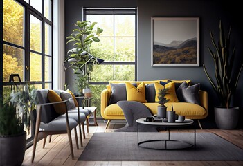 Wall Mural - Gray And Yellow Modern Living Room With Three Couch And Large Window - 3d Rendering. Generative AI