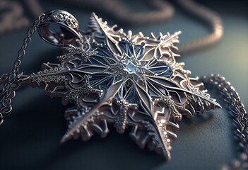 Wall Mural - 3D illustration silver diamond snowflake necklace and chain. Generative AI