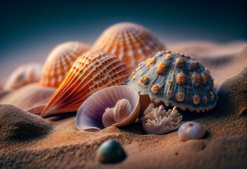 Seashells  on beach sand. Generative AI
