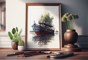 Wall Mural - Watercolor illustration of a boat on the river at the bridge. Generative AI