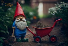 Garden Gnome Ornament With Wheelbarrow And Red Hat In The Garden. Generative AI