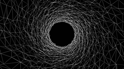 Geometric shapes from the black lines. Wireframe polygonal element. Black and white wireframe geometric shapes tunnel grid on a black background.