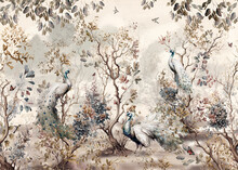 Pattern Wallpaper With White Peacock Birds Background With Trees Plants And Birds In A Vintage Style Landscape