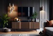 TV area in living room close up, fluted wooden panel with modern decoration, pendant light, living room interior background, tv screen, 3d rendering. Generative AI