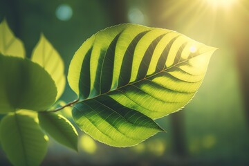 Wall Mural - An Up-Close Look at Nature The sun illuminates a young green leaf over a fuzzy backdrop of vegetation. Generative AI