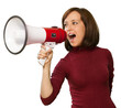 © BillionPhotos.com - Close up portrait of young woman screaming at megaphone on a white background