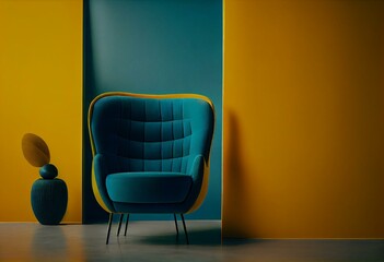 An interior space with a yellow armchair is modern. Background of a blue and yellow wall. Generative AI