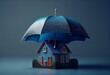 Renters home insurance or mortgage protection concept with a 3D house model under a blue umbrella. Generative AI