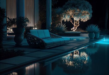 Wall Mural - Luxury pool, lounge chaise longue , lounge summer night. Generative AI