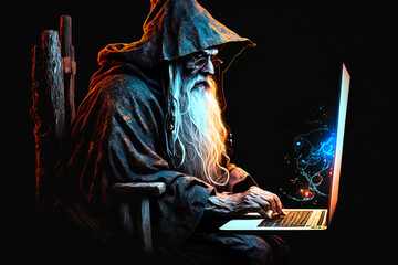 Wall Mural - old fictional wizard using a laptop computer	
