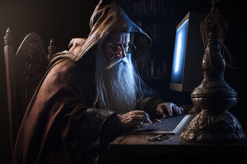 Wall Mural - old fictional wizard using a laptop computer	
